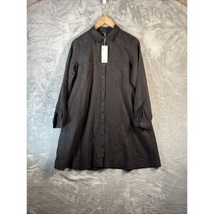 Eileen Fisher Shirt Dress Womens Small Black Linen Tencel Blend Classic Collar